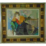 Isaac Tarkay framed and glazed polychromatic lithograph of a female figure titled Lady in Armchair