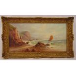Sidney Yates Johnson framed oil on canvas of a sailing boat in rough seas by the coast, signed