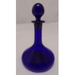 A Bristol blue glass decanter with elongated cylindrical neck and drop stopper, 23.5cm (h)