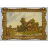 Octavius T Clark framed oil on canvas of a farm scene with a house by a river near Amberley,