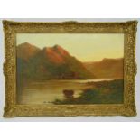 W Richards framed oil on canvas of Scottish Highland scene with a castle in the background below a