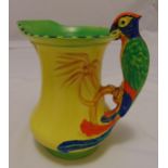 Burleyware jug of baluster form with exotic colours and parrot handle, 19cm (h)