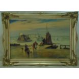 William George framed oil on canvas of figures in Whitby Bay signed bottom right, exhibited 1907,