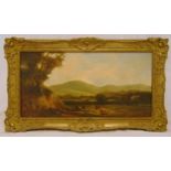 Thomas George Cooper framed oil on canvas of figures and cattle in a field, with mountains in the