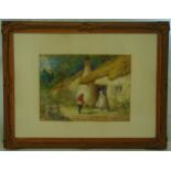 Henry Hobson framed and glazed watercolour titled The Beggar, figures outside a country cottage,