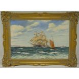 R. Bramley framed oil on canvas of a three mast galleon, signed bottom left, 51 x76cm