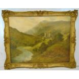 Octavius T Clark framed oil on canvas of a Scottish Highland scene with a castle on a hill and a