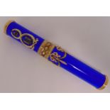 A Faberge style cerulean blue guilloche enamel and two colour gold cylindrical cigar sleeve, with