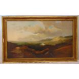 Edmund John Niemann framed oil on canvas titled On The Swale, view of moors and mountains, signed