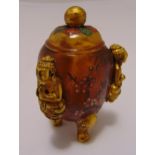 A Peking glass incense burner, egg shaped with applied gilt metal decoration, 11cm (h)