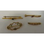 Four 9ct yellow gold brooches set with various stones, approx total weight 7.1g