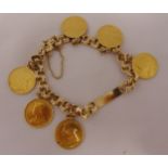 14ct yellow gold charm bracelet with six 1896 half sovereign pendants, approx total weight 46.0g