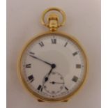 9ct yellow gold open face pocket watch, white enamel dial with Roman numerals and subsidiary seconds