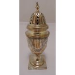 A Victorian hallmarked silver sugar castor, fluted vase form in neo-classical style on square