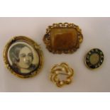 14ct gold brooch and three antique costume jewellery brooches