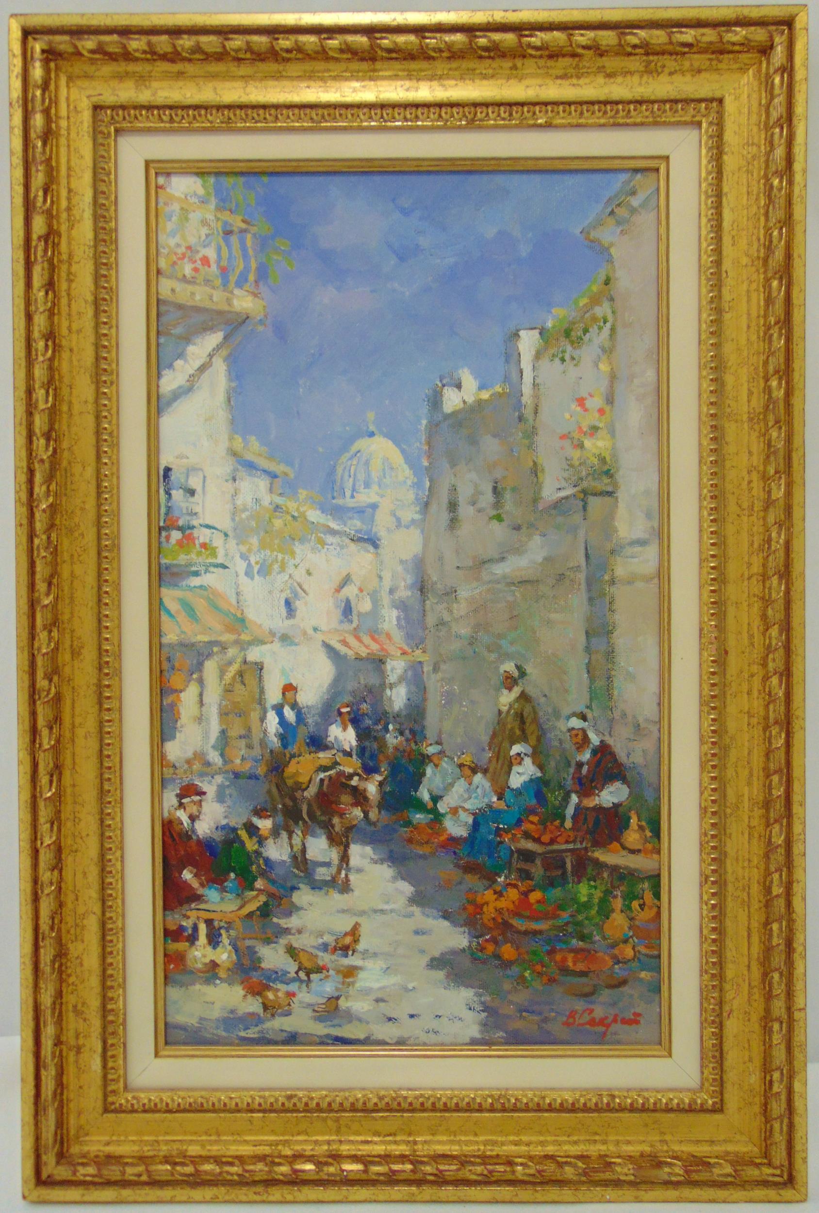 Valéry Sekert framed oil on panel of a street market, signed bottom right, 40 x 22.5cm ARR applies