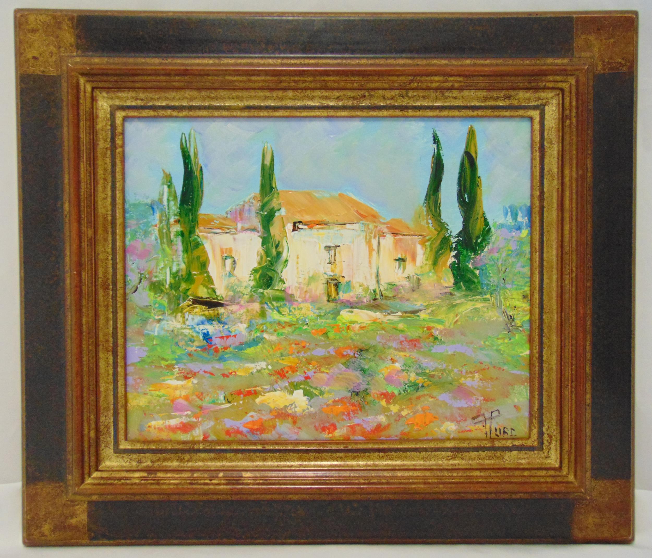 Frank Turc framed oil on canvas titled Le Mas de Provence, signed bottom right, details to verso, 33