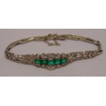 18ct white gold Art Deco emerald and diamond bracelet, approx total weight 14.6g