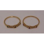 Two yellow gold rings set with various coloured stones tested 9ct, approx total weight 2.4g, (one