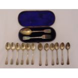 A Victorian hallmarked silver cased fiddle pattern Christening set, a set of six Victorian bright