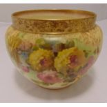A Doulton Burslem jardinière of customary form decorated with flowers and gilded borders, marks to