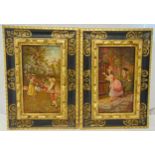 A pair of gilded wooden framed oils on panel of courting couples in 18th century costume, 40 x 22.