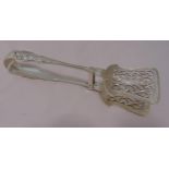 A pair of hallmarked silver asparagus tongs, scroll pierced blades and shell chased terminals,