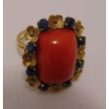 Yellow gold, coral and sapphire dress ring, tested 18ct, approx total weight 15.2g
