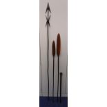 Three antique African hard wood clubs and a ceremonial spear, longest 181.5cm