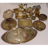 A quantity of silver plate to include dishes, condiments, a tray and a teapot