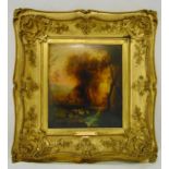 A framed oil on panel of a landscape with sheep in the foreground in the manner of Salvator Roza,