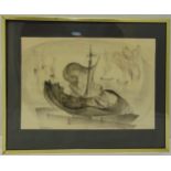 Zoltan Perlmutter framed and glazed charcoal drawing of a sailing boat, signed bottom right, 36 x