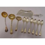 A quantity of hallmarked silver to include a crumb scoop, three ladles and a set of six fiddle and