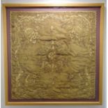 A framed and glazed antique mid-European gold thread hand embroidered panel, 84 x 81cm