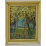 Rene Temple framed oil on panel titled The Bluebell Woods, signed bottom right, 45 x 34.5cm