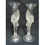 A pair of Igor Carl Faberge frosted glass dove candlesticks, signed to the bases, 22.5cm (h)