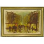 John Bampfield framed oil on canvas street scene at dusk with figures and carriages, signed bottom