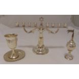 A quantity of Israeli white metal to include Kiddush cup and stand, a spice box and a Menorah,
