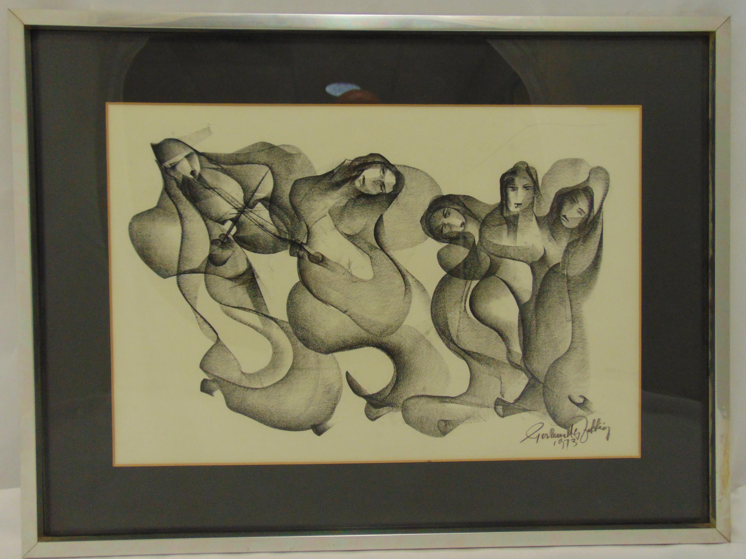 Zoltan Perlmutter framed and glazed charcoal drawing of figures, signed bottom right, 37 x 53cm