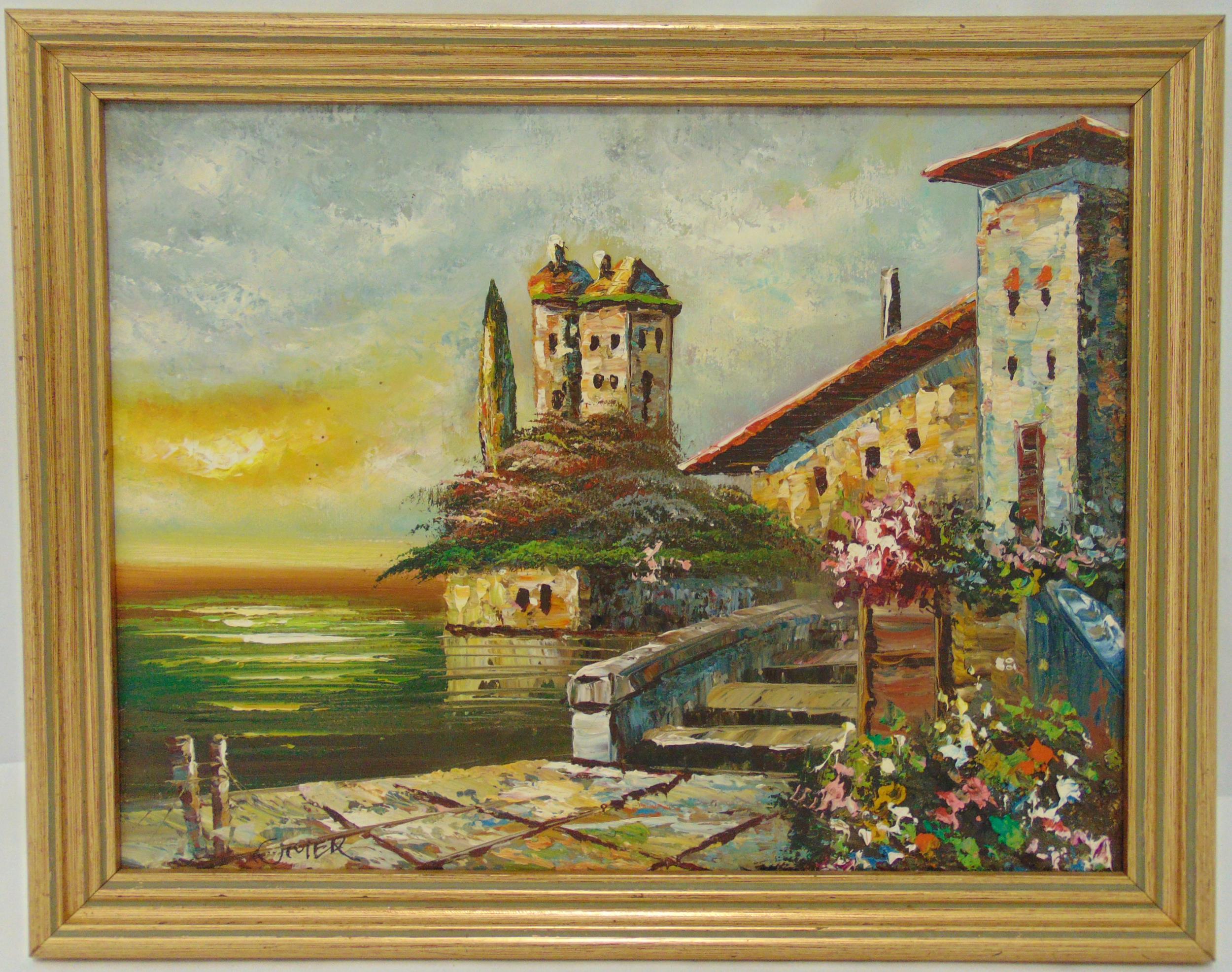 Omer framed oil on canvas of a continental waterside house and garden, signed bottom left, 31 x