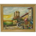 Omer framed oil on canvas of a continental waterside house and garden, signed bottom left, 31 x