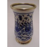 Meissen blue and white vase with white metal collar and base, marks to the base, 11cm (h)