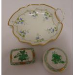 Two Herend green Aponyi pattern covered boxes and a leaf shaped dish, marks to the bases, leaf