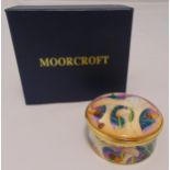 Moorcroft enamel circular covered box decorated with mushrooms and acorns, to include original