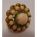 Yellow gold, light coral and emerald dress ring, tested 14ct, approx total weight 19.6g