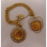 18ct yellow gold bracelet with an 1883 Victorian sovereign and a 1909 Edward VII sovereign, approx