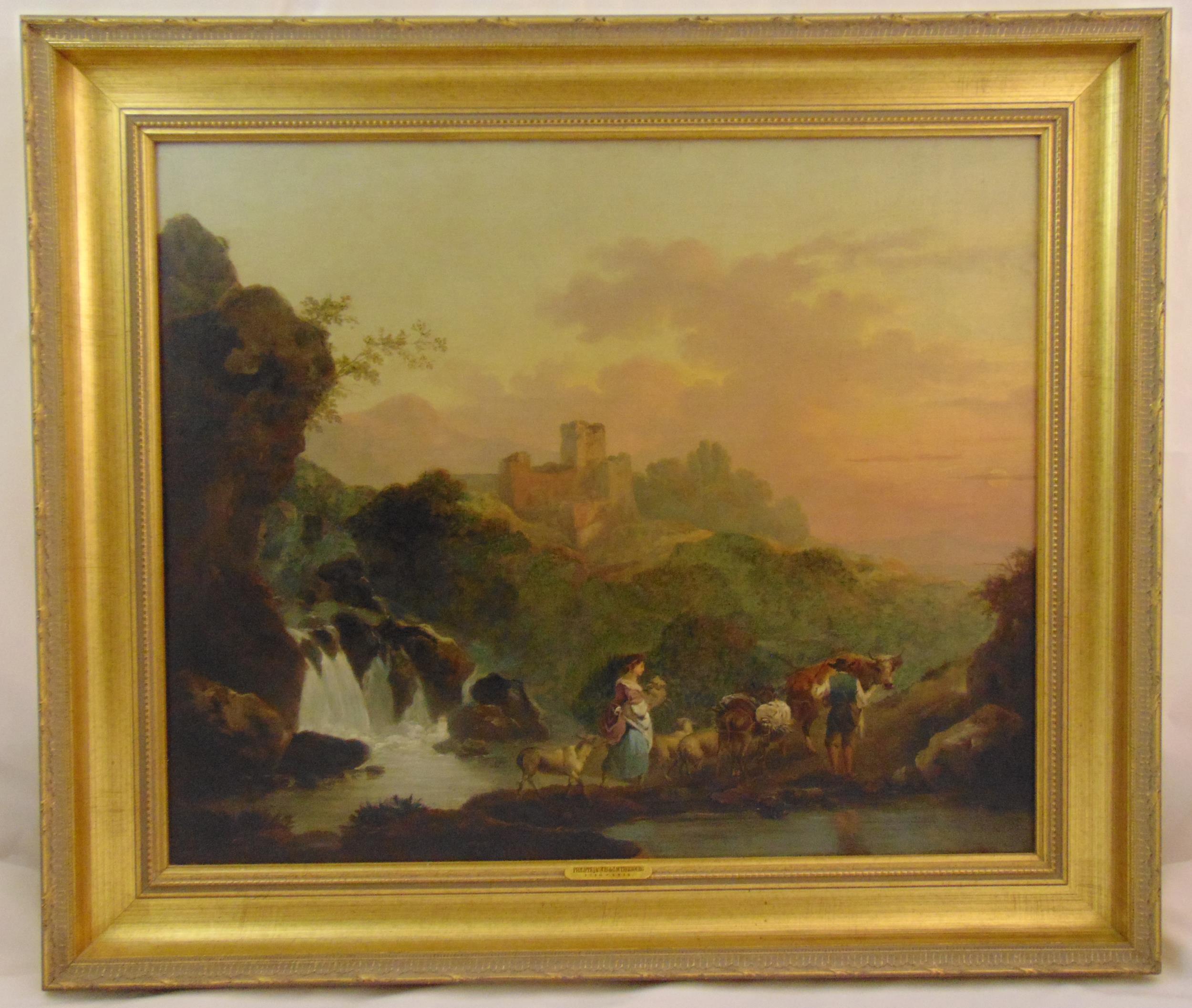 Philippe-Jacques de Loutherbourg framed oil on canvas of figures by a river with a castle in the