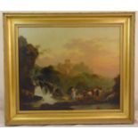 Philippe-Jacques de Loutherbourg framed oil on canvas of figures by a river with a castle in the