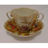 Augustus Rex chocolate cup and saucer, decorated with courting couples, flowers and leaves, marks to