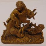 Ernest Rancoulet gilded bronze figural group of putti with a goat on naturalistic base, signed to